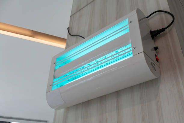 Electric fly and insect killer with blue and green UV lamp on wooden wall background. Reliably protects from insects.